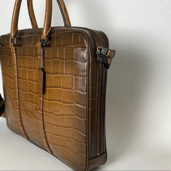 Coach Brown Croc-Embossed Laptop Bag - Picture 8 of 14